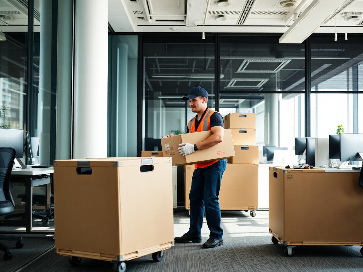 Movers relocating a downtown Toronto office with rolling crates and packed workstations