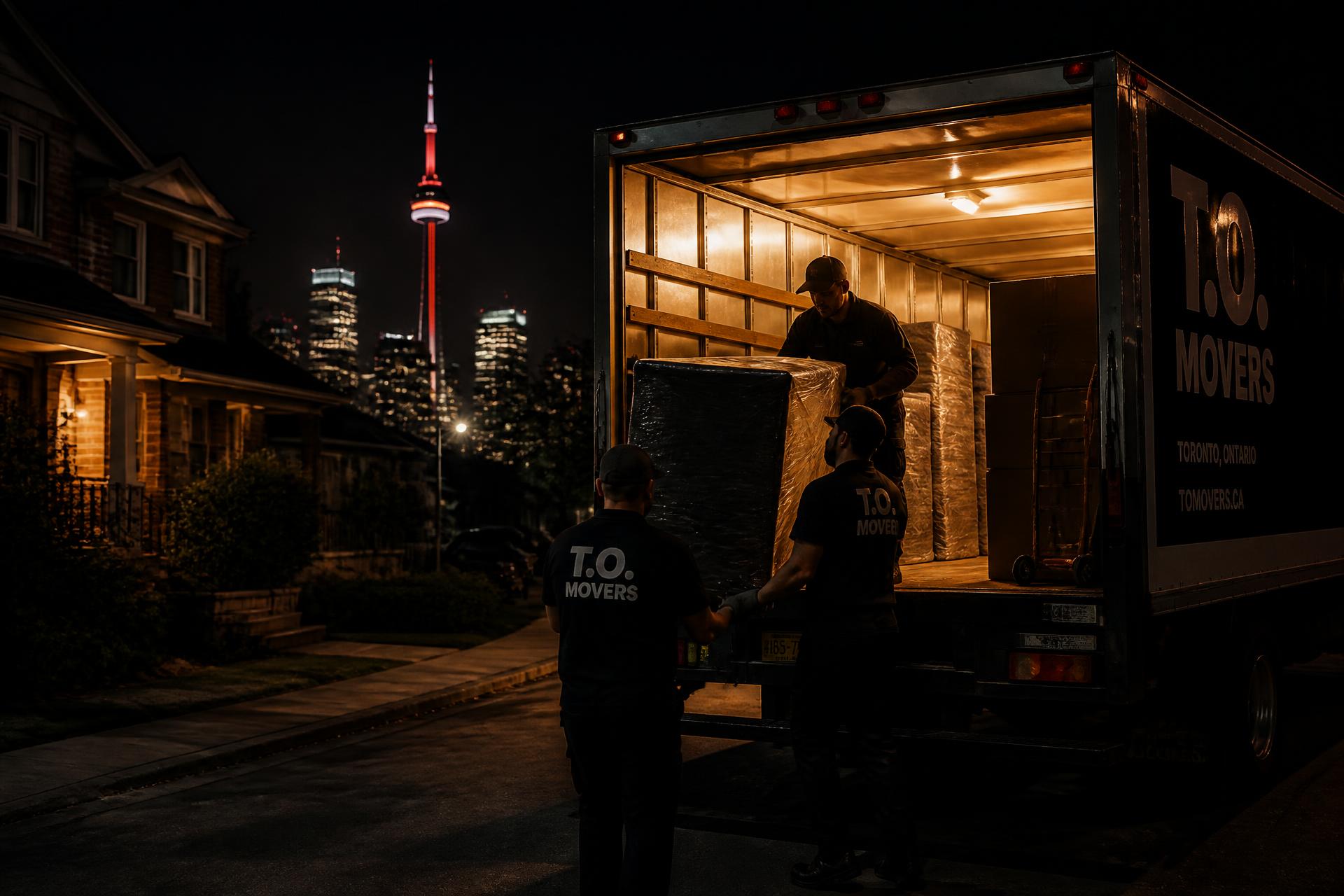 Movers loading a truck on a Toronto street at night